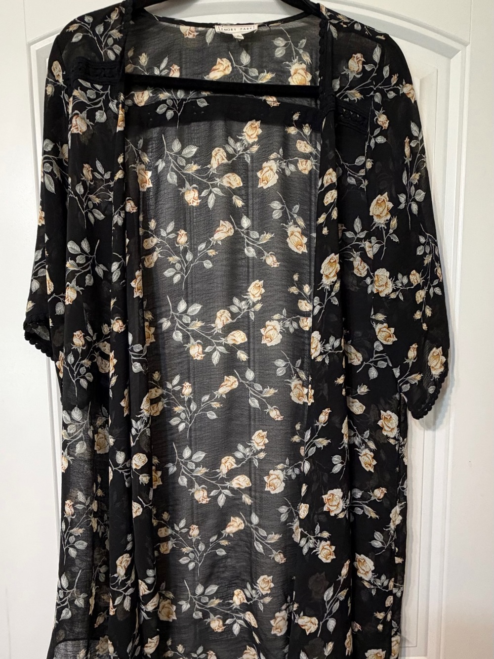 emory park Black Sheer Floral Kimono with Cream Roses